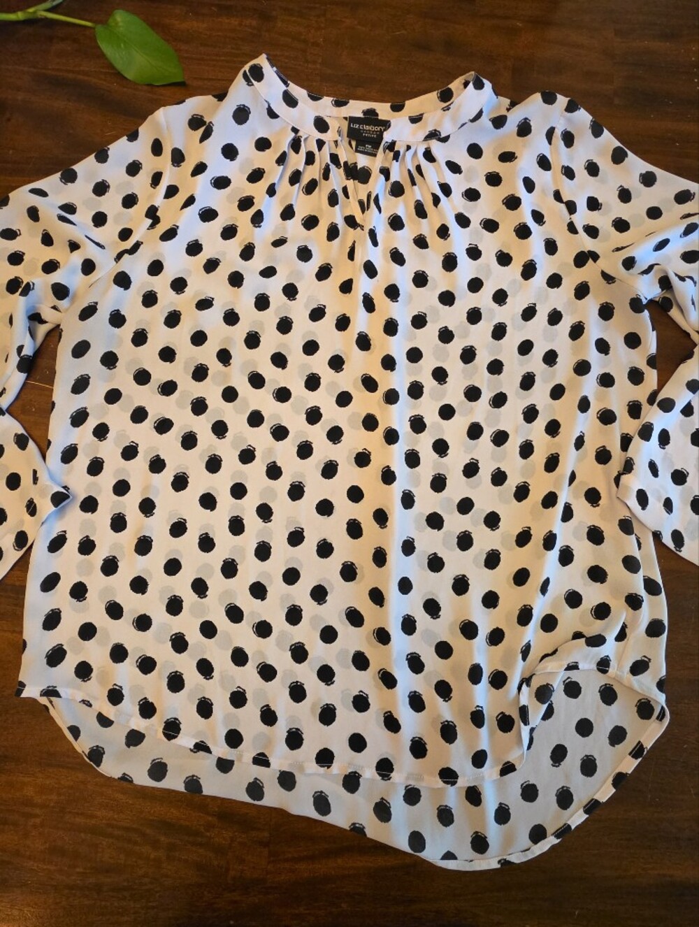 Liz Claiborne Career Petite PM Black & White Polka Dot Pleated Neck Top